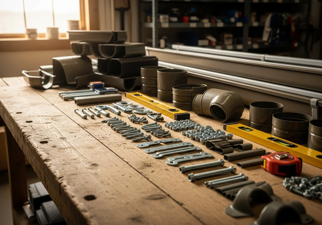 Professional gutter installation tools and materials displayed on a work surface, showcasing quality hardware and equipment.