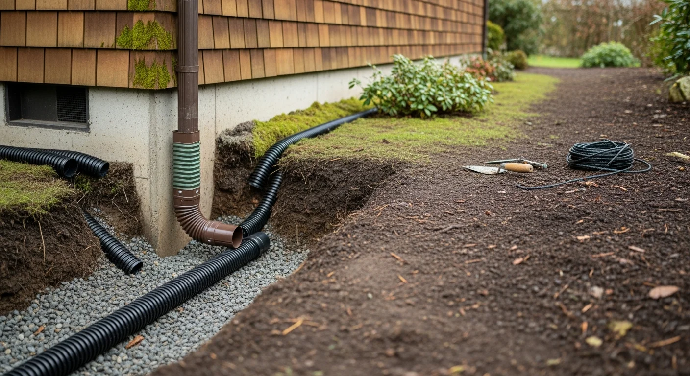 Underground drainage system installation around residential foundation