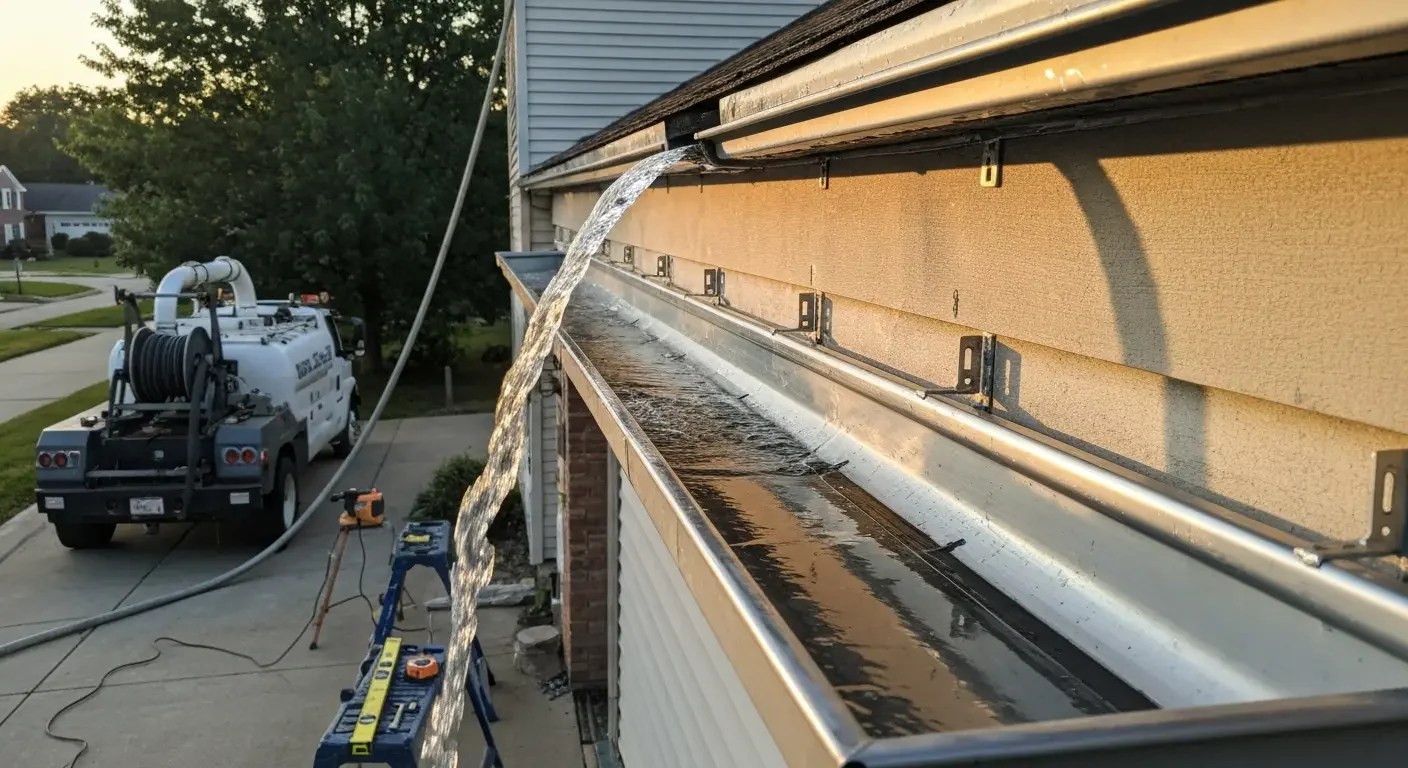 Gutter cleaning with water flowing from downspout, debris removal from residential gutters