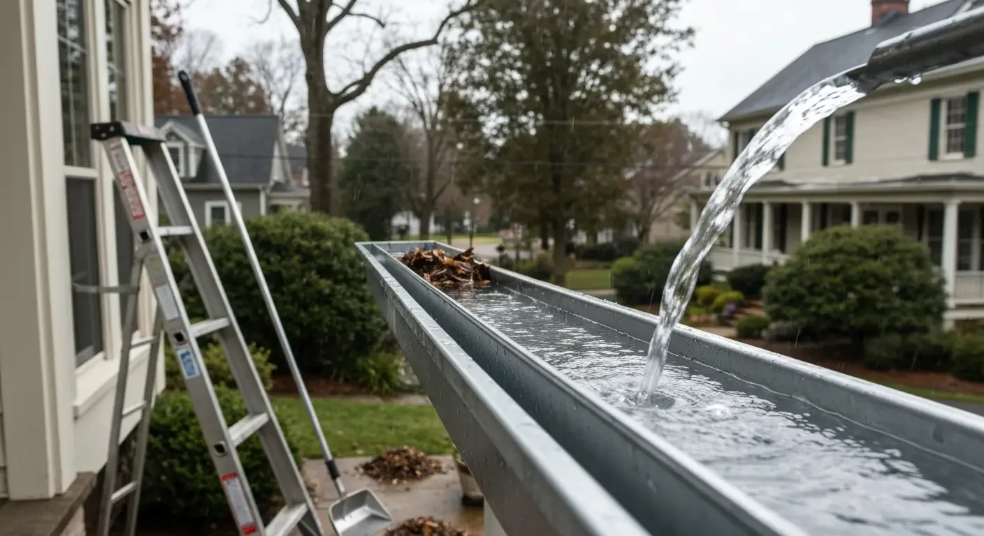 Aluminum gutter being cleaned with water flowing freely, debris visible, ladder positioned for access