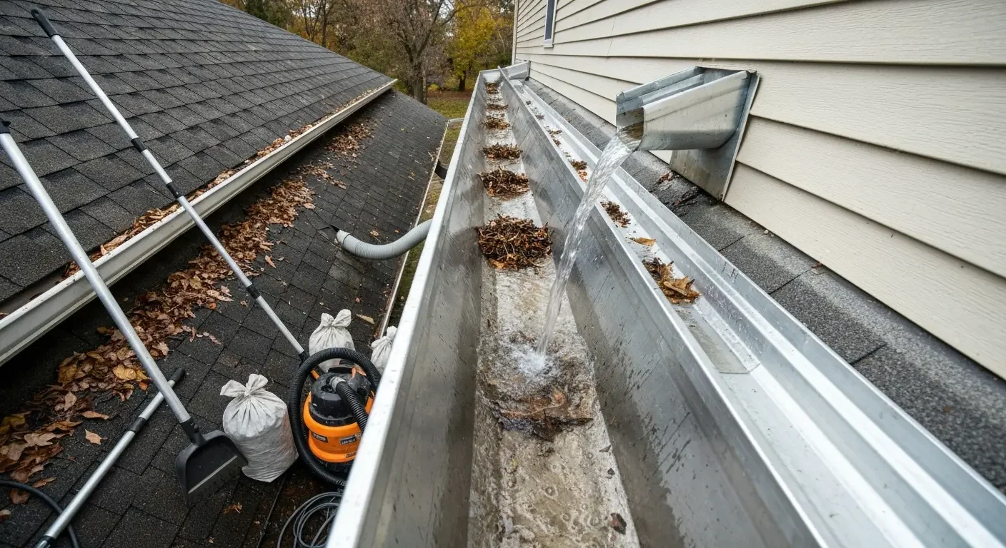 Aluminum gutters filled with leaves and debris during cleaning service, with wet gutter system visible