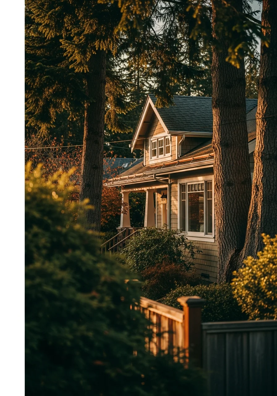 Anacortes residential property with coastal landscaping and mature trees.