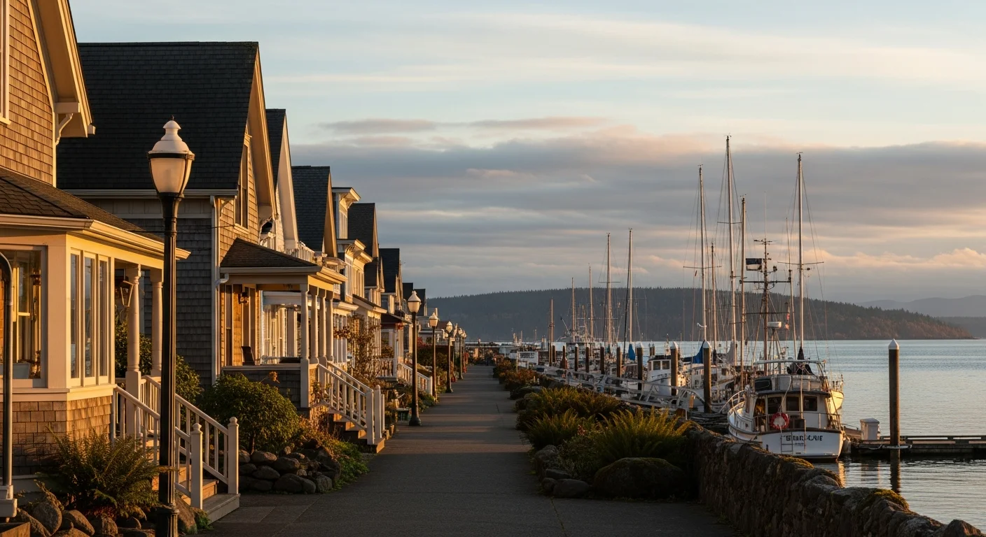 Historic Victorian homes along La Conner's waterfront with boats docked nearby.