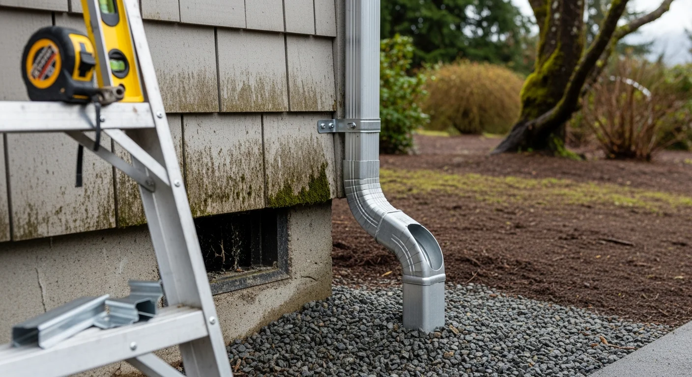 A newly installed downspout on a single-family home in LaConner, Washington, directing roof runoff away from the foundation along a painted wood-sided exterior. The downspout connects to a gutter system on a residential property typical of the Swinomish Channel waterfront area.
