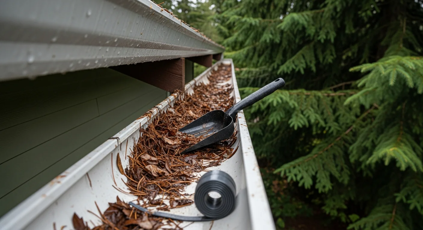 A gutter technician removing packed leaf and needle debris from a residential gutter channel on a home in LaConner, Washington. The cleared downspout directs water away from the home's foundation on a wet Pacific Northwest day.