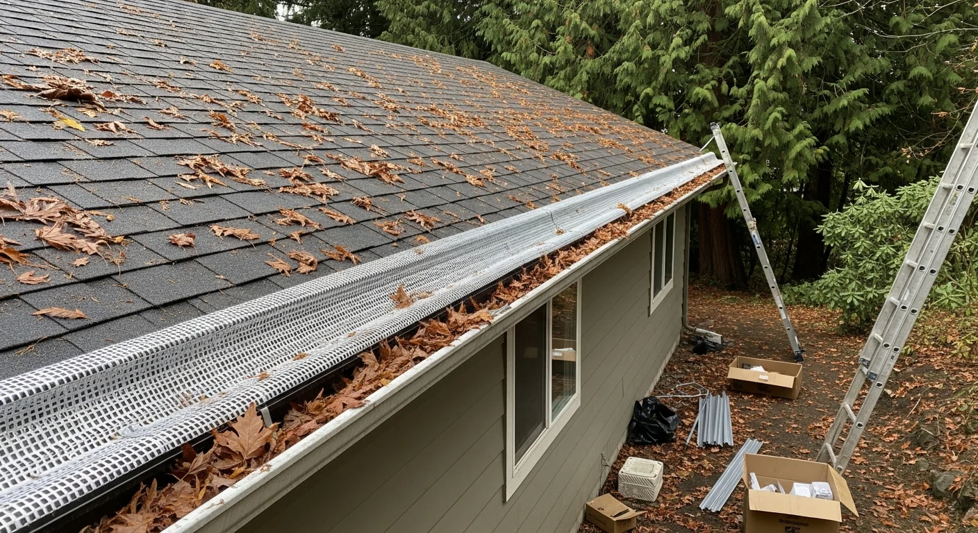 A close-up view of a gutter guard installed on a single-family home in LaConner, Washington, showing debris sitting on top of the guard while the gutter channel below remains clear. Mature trees and a Pacific Northwest overcast sky are visible in the background.
