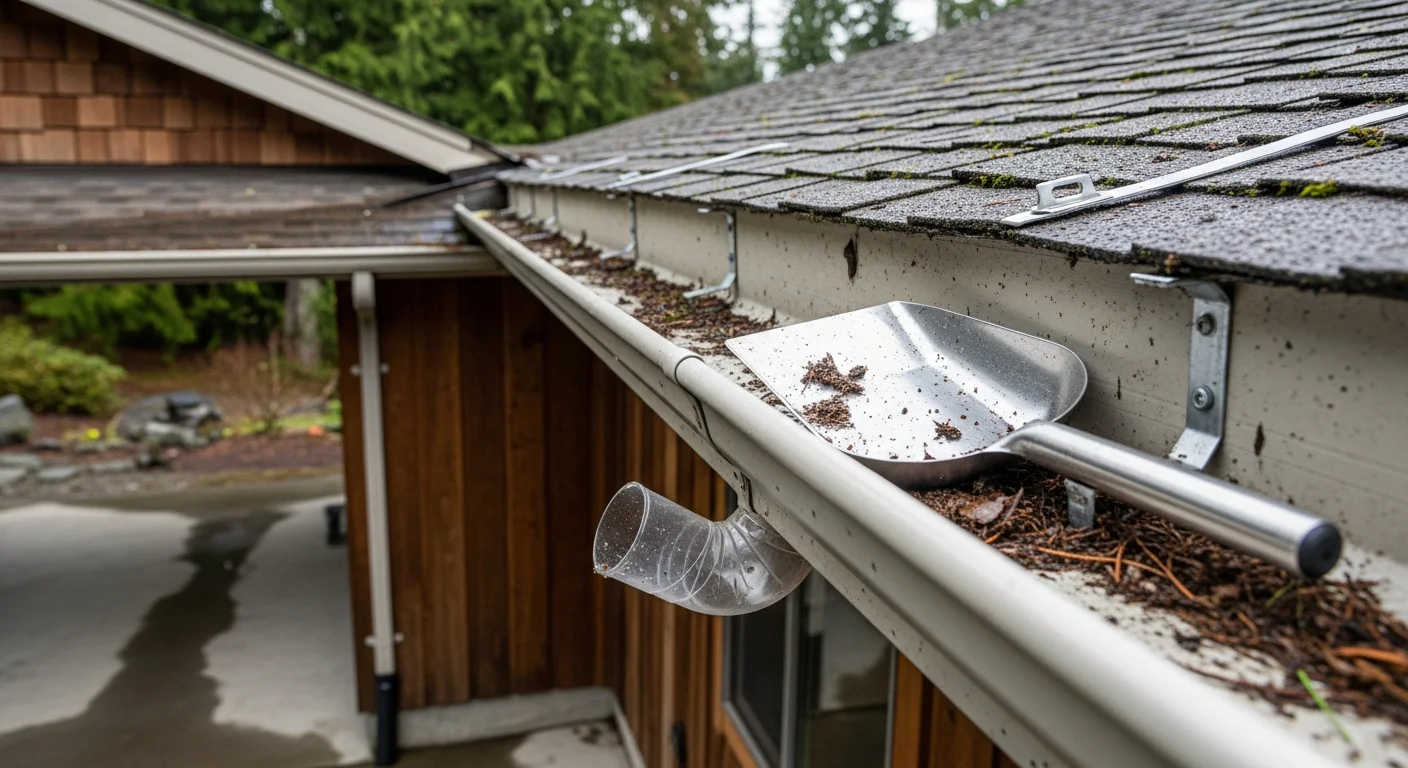 A gutter inspector examining the fascia attachment and downspout connection on a single-family home in LaConner, Washington. Overcast Pacific Northwest sky visible above the roofline with surrounding mature trees in the background.