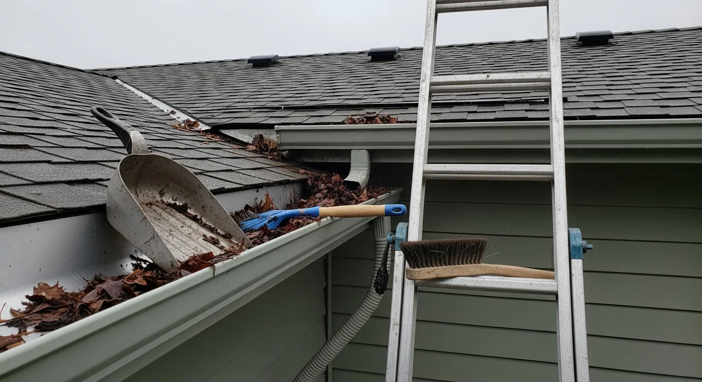 A technician from Quality Gutters clearing packed leaf debris from a residential gutter channel on a single-family home in LaConner, Washington. The downspout and fascia board are visible, with overcast Pacific Northwest sky in the background.