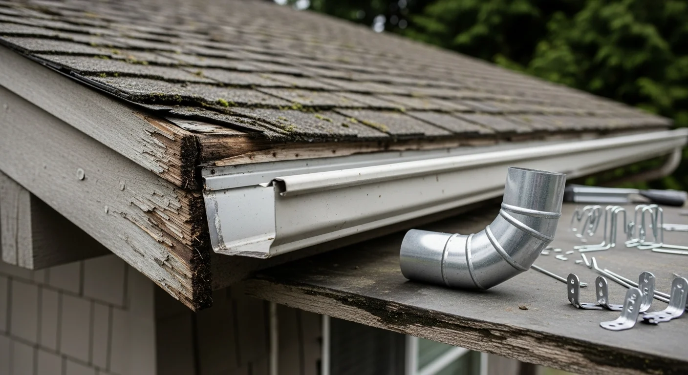 A gutter repair technician resealing a leaking corner joint on a single-family home in LaConner, Washington. The repaired gutter section runs along a moss-edged roofline with mature trees visible in the background.