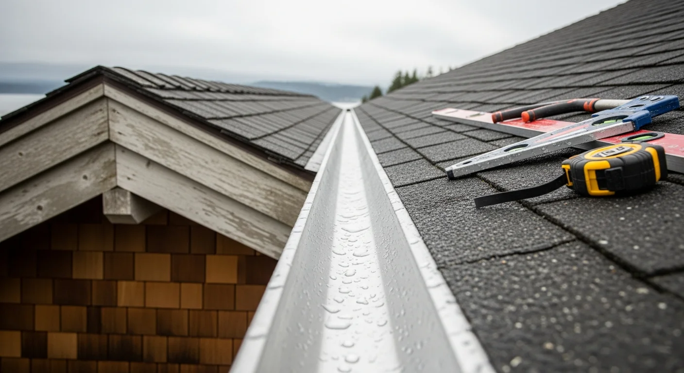A freshly installed seamless gutter system running along the roofline of a Northwest-style home in LaConner, Washington. The continuous aluminum gutter channels water away from the fascia toward a downspout above a landscaped yard near the Swinomish Channel.