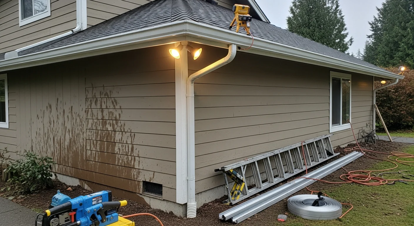 Newly installed seamless gutters running along the roofline of a single-family home in LaConner, Washington. Downspouts extend to ground level with water directed away from the home's foundation on a wet Pacific Northwest day.