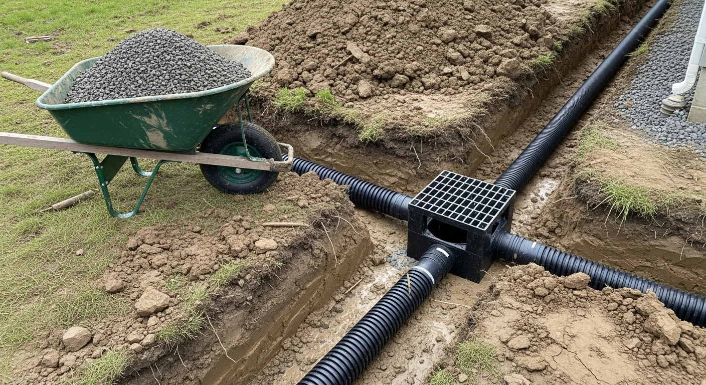 Buried drainage pipe laid in a gravel-bedded trench at a residential property in LaConner, Washington, with catch basin grate visible at the surface. Surrounding yard shows saturated soil typical of Skagit County's low-lying lots.